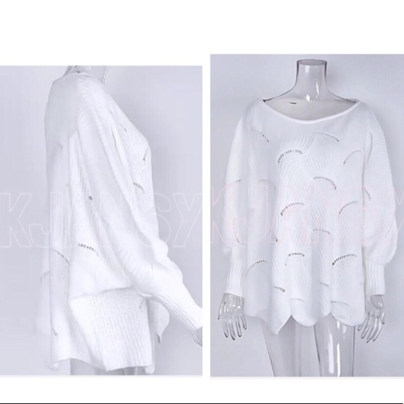 White Slouchy Oversized Eyelet Sweater Top - Picture 6 of 7